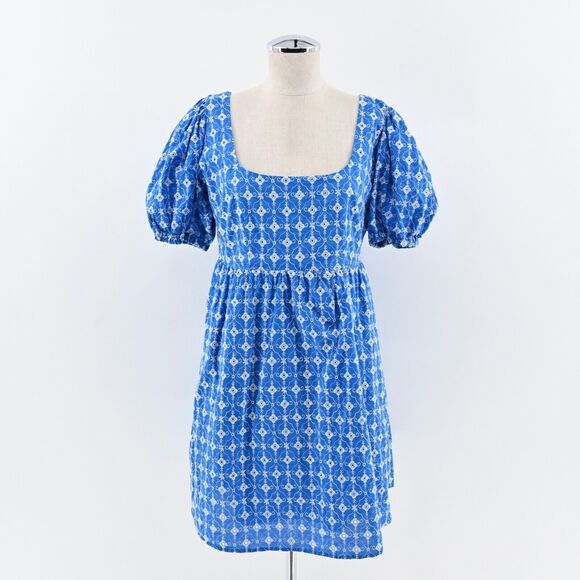 RHODE X TARGET Dress Sz S Blue Embroidered Eyelet Floral Cotton Puff Sleeve Mini - Picture 1 of 12